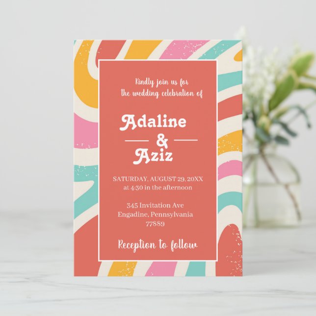 Invitation Mariage Coloré Rétro Groovy 70s  (Debout devant)