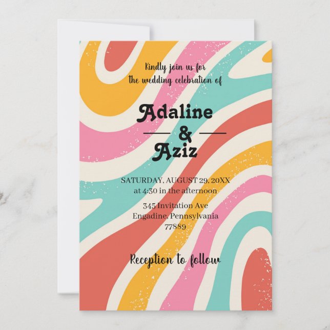 Invitation Mariage Coloré Rétro Groovy 70s Ondulé  (Devant)