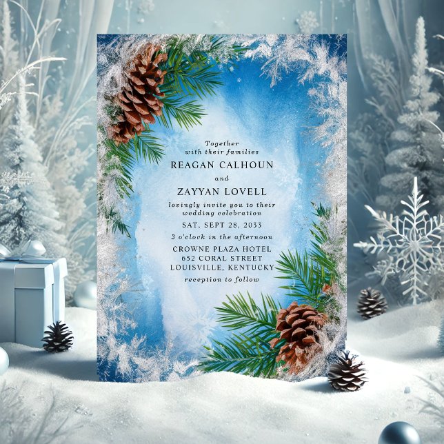 Invitation Mariage Cône de Pin Hiver Bleu Givre (Créateur téléchargé)