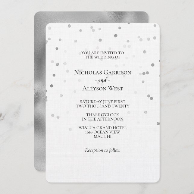 Invitation Mariage Confetti argent blanc (Devant / Derrière)