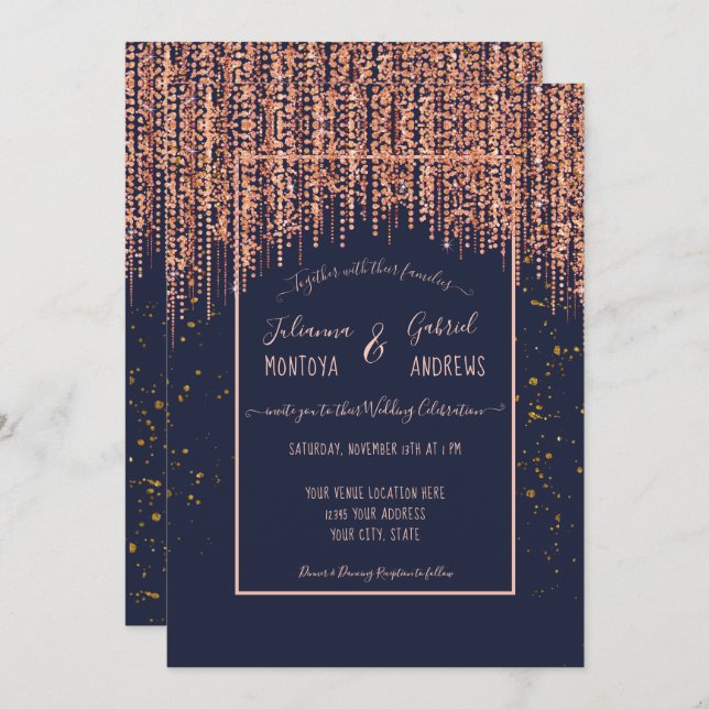 Invitation Mariage Confetti Blush Pailleté Rose Gold Bleu Mar (Devant / Derrière)
