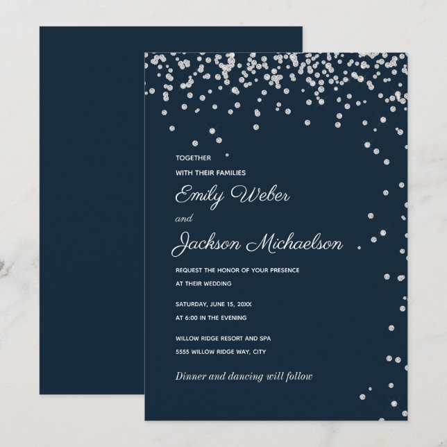 Invitation Mariage Confetti Diamant Bleu Marine Argent (Devant / Derrière)