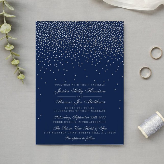 Invitation Mariage Confetti en argent de marine bleu et de gl (Créateur téléchargé)