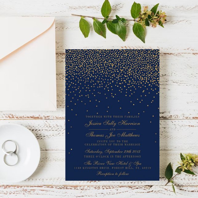 Invitation Mariage Confetti en or bleu marine et glam (Créateur téléchargé)