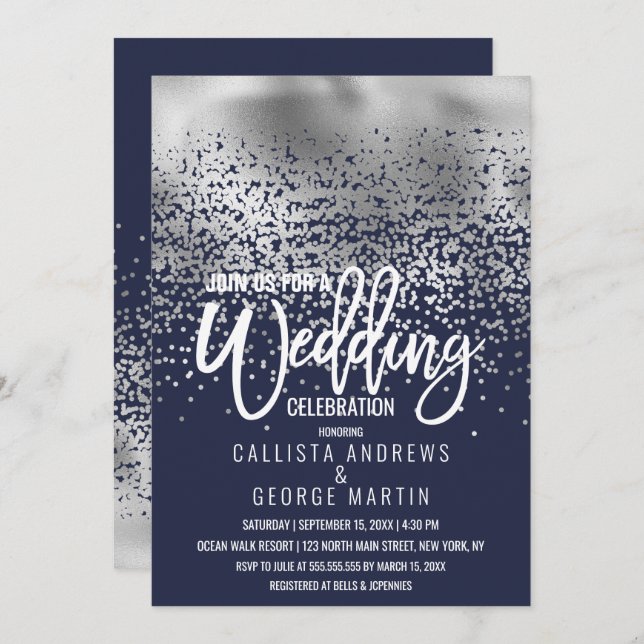 Invitation Mariage Confetti Ombre de la marine moderne (Devant / Derrière)