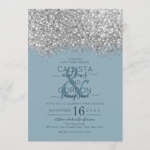 Invitation Mariage Confetti Parties scintillant bleu argent d