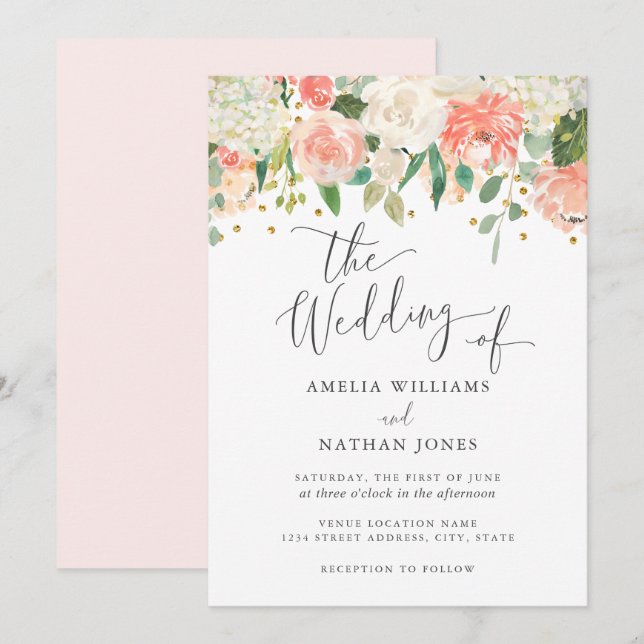 Invitation Mariage Confetti Rose Floral Doré (Devant / Derrière)