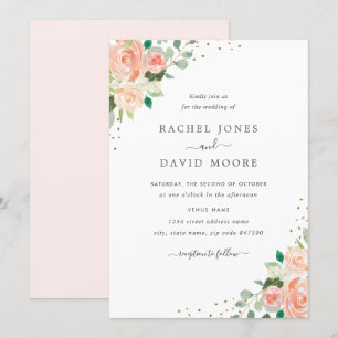 Invitation Mariage Confettis Aquarelle Fleurie Rose Pêche