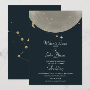 Invitation Mariage Constellation Lune Or Céleste Bleu