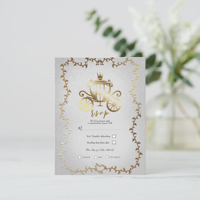 Invitation Mariage Conte de Fées Carrosse Doré Élégant R.S.V. (Debout devant)