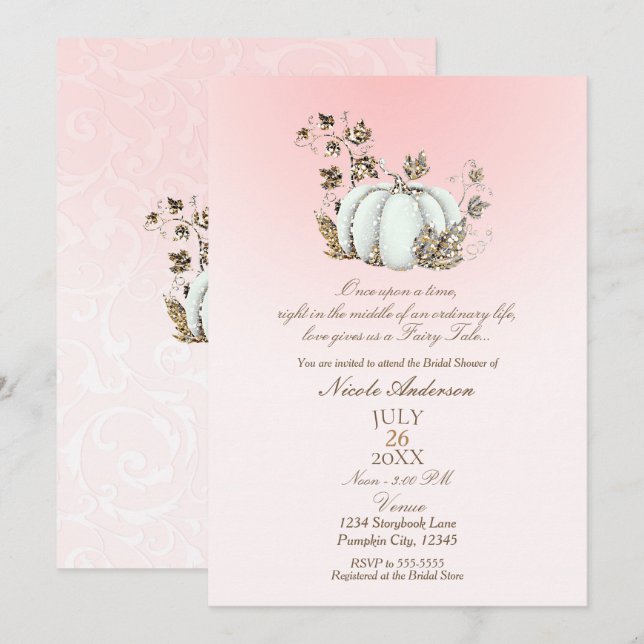 Invitation Mariage Conte de Fées Citrouille Blanc Rose Livre  (Devant / Derrière)