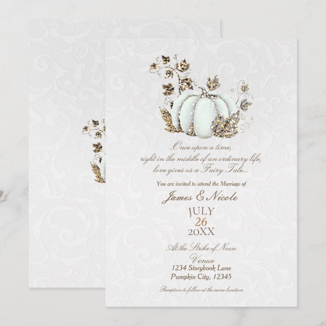 Invitation Mariage Conte de Fées Citrouille Blanche Or de Liv (Devant / Derrière)