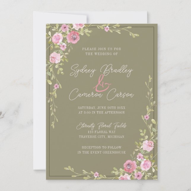 Invitation Mariage Conte de Fées Floral Rose & Vert Jardin Vi (Devant)