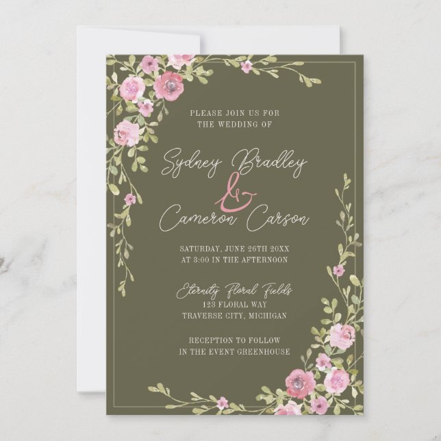 Invitation Mariage Conte de Fées Floral Rose & Vert Jardin Vi (Devant)