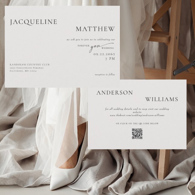 Invitation Mariage contemporain Forever You beige code QR (Créateur téléchargé)