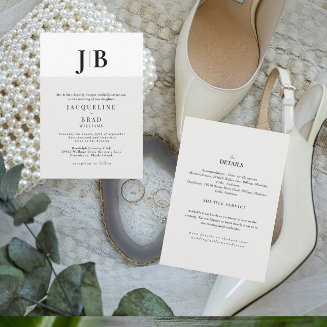 Invitation Mariage contemporain monogramme beige  (Créateur téléchargé)
