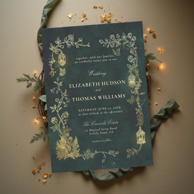 Invitation Mariage Contes de Fées Lanterne Verte Fée (fairytale wedding invitation enchanted forest woodland fairycore lanterns emerald green gold)