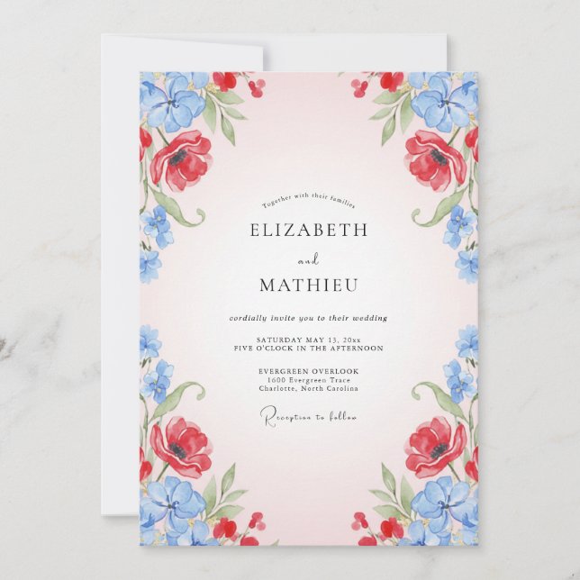 Invitation Mariage Coquelicot Bleuet Rouge (Devant)