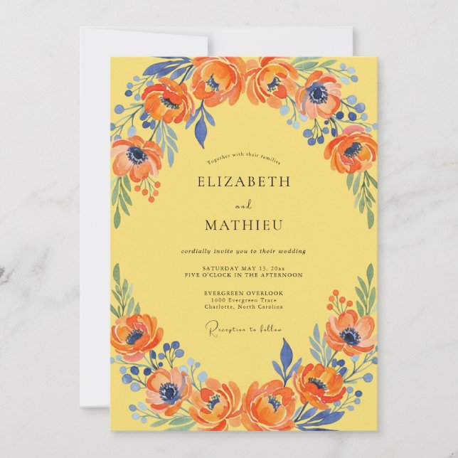 Invitation Mariage Coquelicot Jaune Cobalt (Devant)