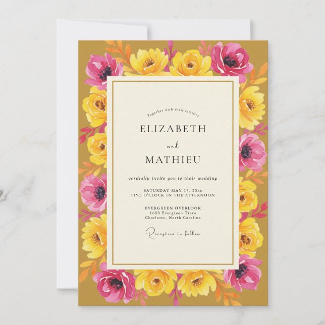 Invitation Mariage Coquelicot Rose Pétale Moutarde (Devant)