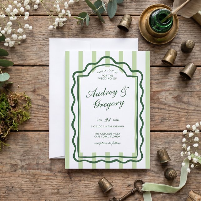 Invitation Mariage Coquette Minimaliste Vert (Green Wavy Frame Wedding Invitation)