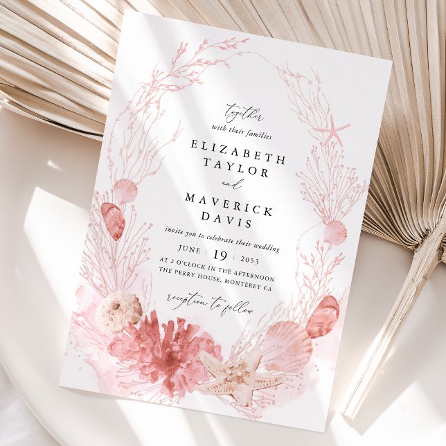 Invitation Mariage Coquillage Marin de Plage Rose (Beach Wedding Invitation Blush Coastal Seashell Invitation Pink Ocean Destination Wedding Card)
