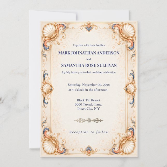 Invitation Mariage Coquillages Anciens Luxe Côtier (Devant)