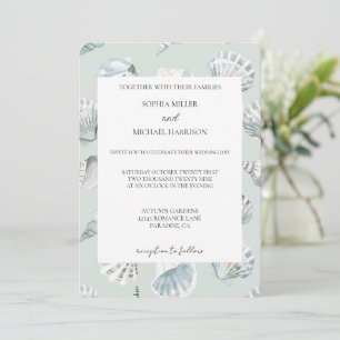Invitation Mariage Coquillages de Plage Bleu Menthe Élégant
