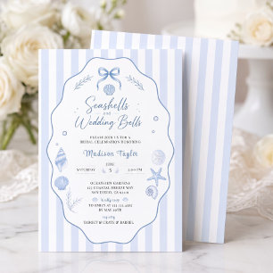Invitation Mariage Coquillages Fleurs Bleues Ruban Rayé
