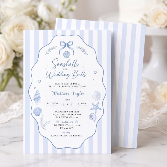Invitation Mariage Coquillages Fleurs Bleues Ruban Rayé (Seashell Bridal Shower Blue Striped Bow Invitation)