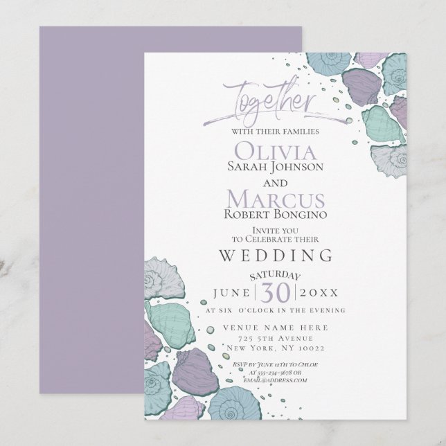 Invitation Mariage | Coquillages modernes Violet Dusty Blue (Devant / Derrière)