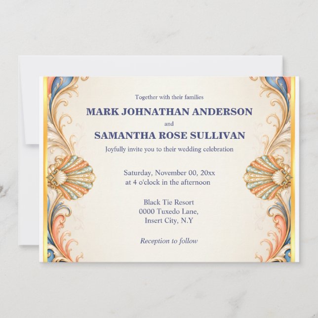 Invitation Mariage Coquillages Vintage Luxe Côtière (Devant)