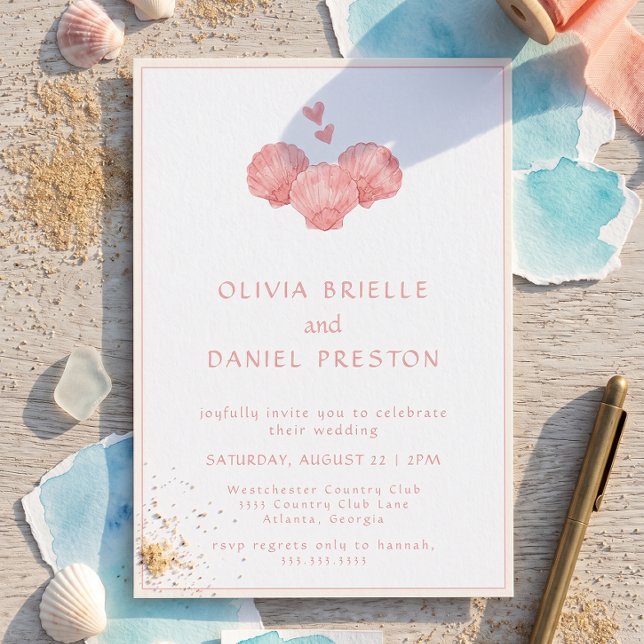 Invitation Mariage Coquilles Roses Aquarelle Plage Côtière (Créateur téléchargé)