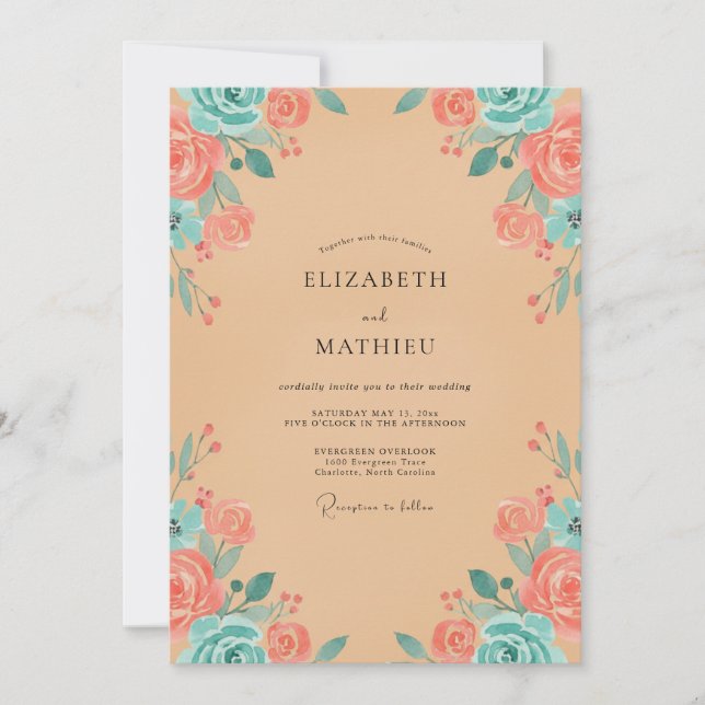 Invitation Mariage Corail Aqua Petale (Devant)