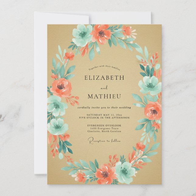 Invitation Mariage Corail Aqua Pivoine (Devant)
