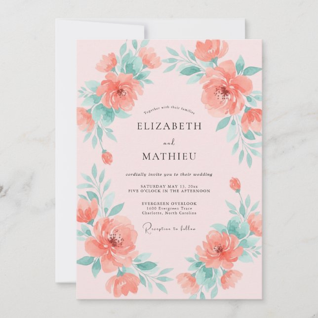 Invitation Mariage Corail Aqua Pivoine (Devant)