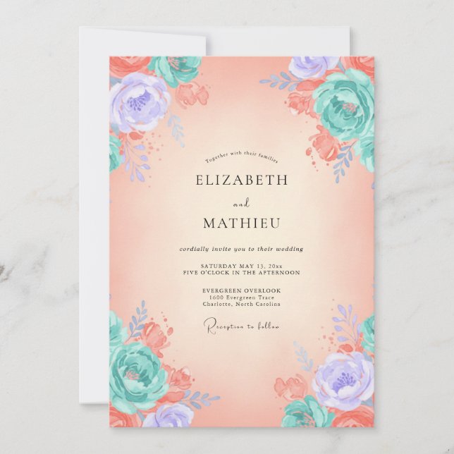 Invitation Mariage Corail Aqua Pivoine (Devant)