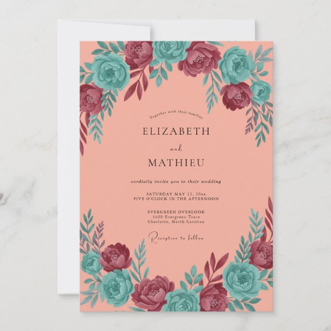 Invitation Mariage Corail Aqua Rouge bordeaux Fleur (Devant)