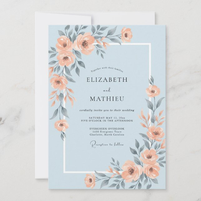 Invitation Mariage Corail Ardoise Pivoine (Devant)