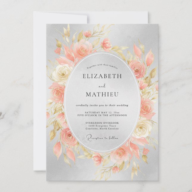 Invitation Mariage Corail Argent Paeonia (Devant)