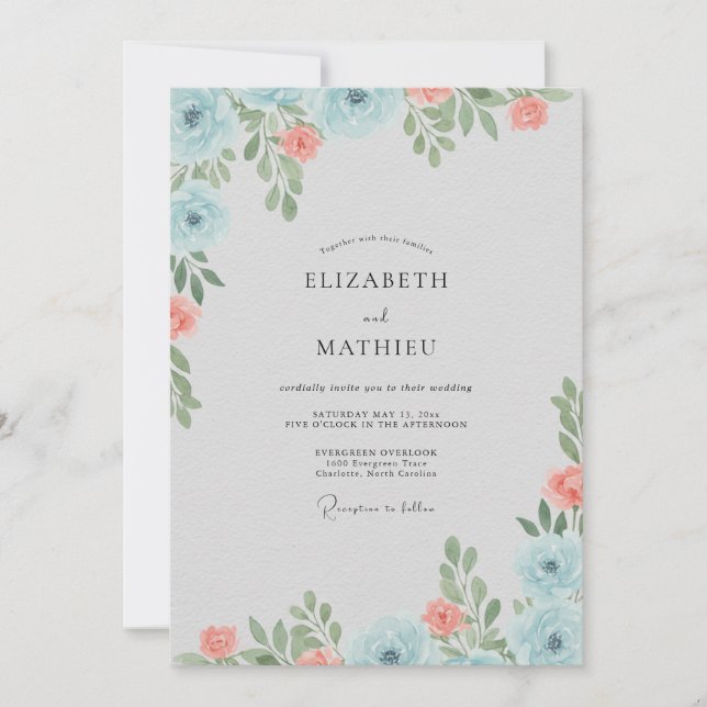 Invitation Mariage Corail Azur Feuillu (Devant)