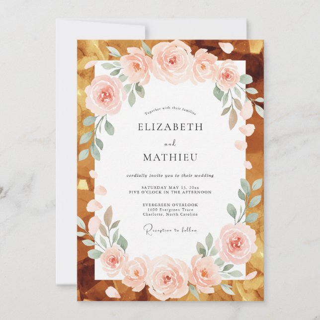 Invitation Mariage Corail Champagne Feuille d'Or (Devant)