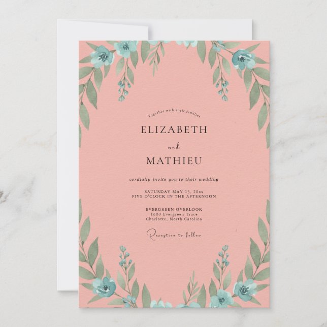 Invitation Mariage Corail Chaud Aqua Feuillu (Devant)