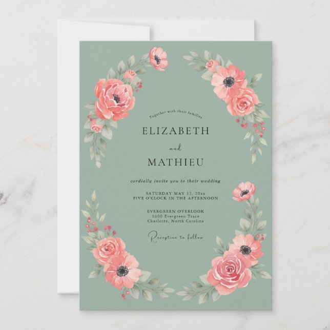 Invitation Mariage Corail Chaud Pivoine Menthe (Devant)