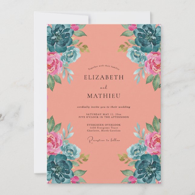 Invitation Mariage Corail Cyan Pivoine (Devant)