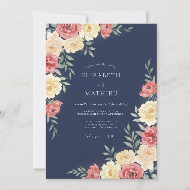 Invitation Mariage Corail de minuit Ranunculus Eucalyptus Gri (Devant)