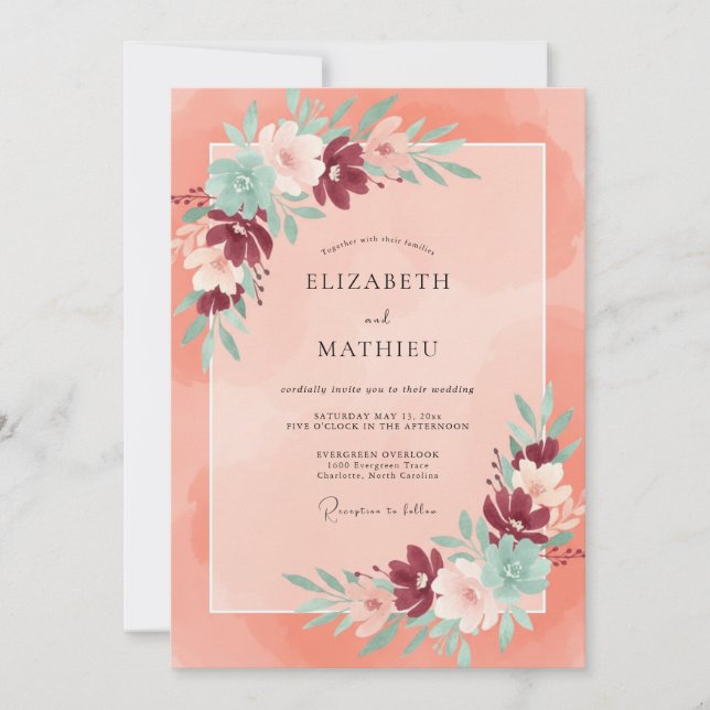 Invitation Mariage Corail et Pivoine bordeaux (Devant)