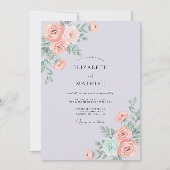 Invitation Mariage Corail Fleur de Pivoine Teinté de Pervench (Devant)