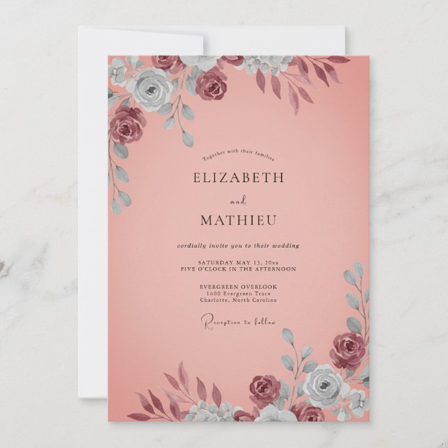 Invitation Mariage Corail Fleuron Bordeaux (Devant)