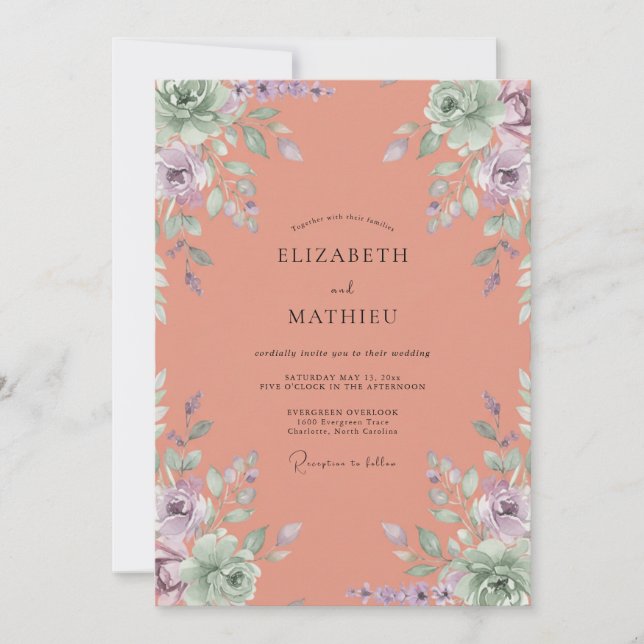Invitation Mariage Corail Mauve Pâle Pétales (Devant)